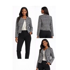 Ann Taylor LOFT Striped Tweed Jacket Navy Blue White Collarless Blazer 6‎ 89-10